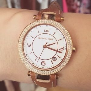 Michael Kors Rhinestone Rose Gold Brown Leather Strap Watch